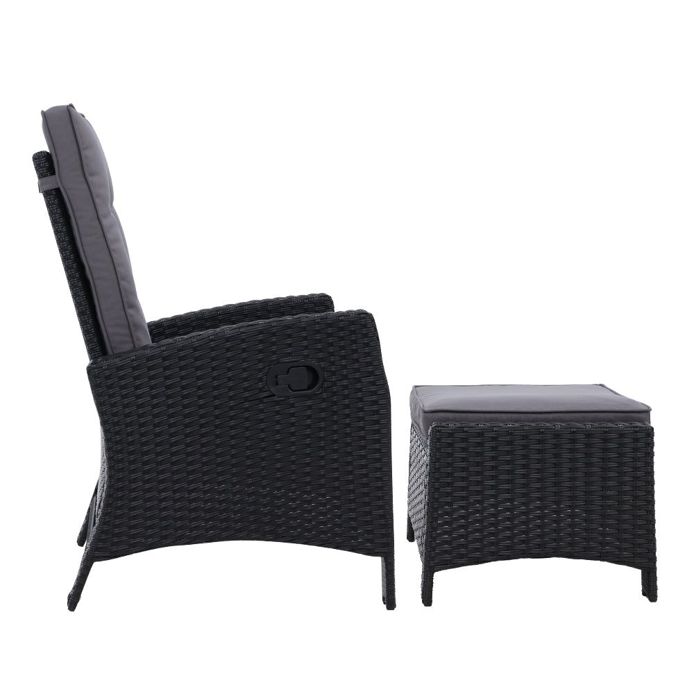 Outdoor Recliner Chair and Ottoman Set Wicker Reclining Cushions Black