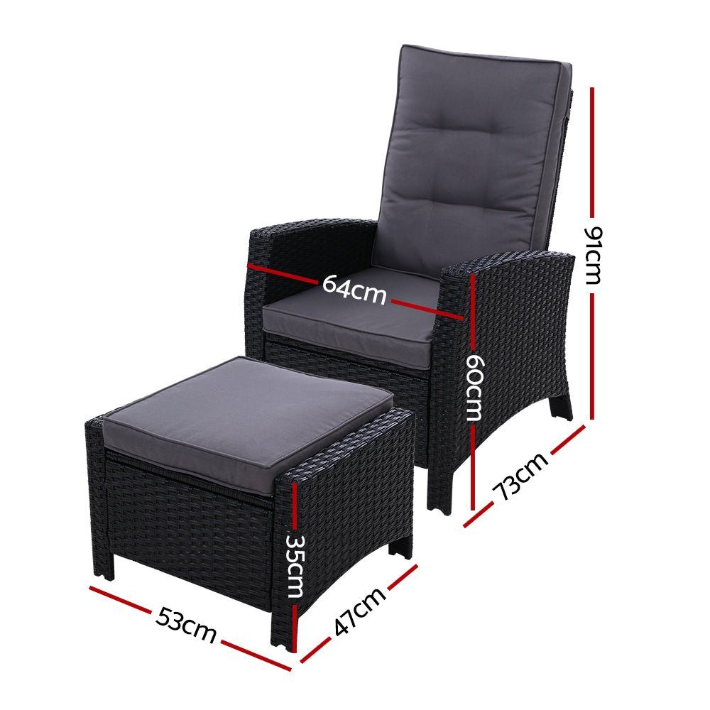 Outdoor Recliner Chair and Ottoman Set Wicker Reclining Cushions Black