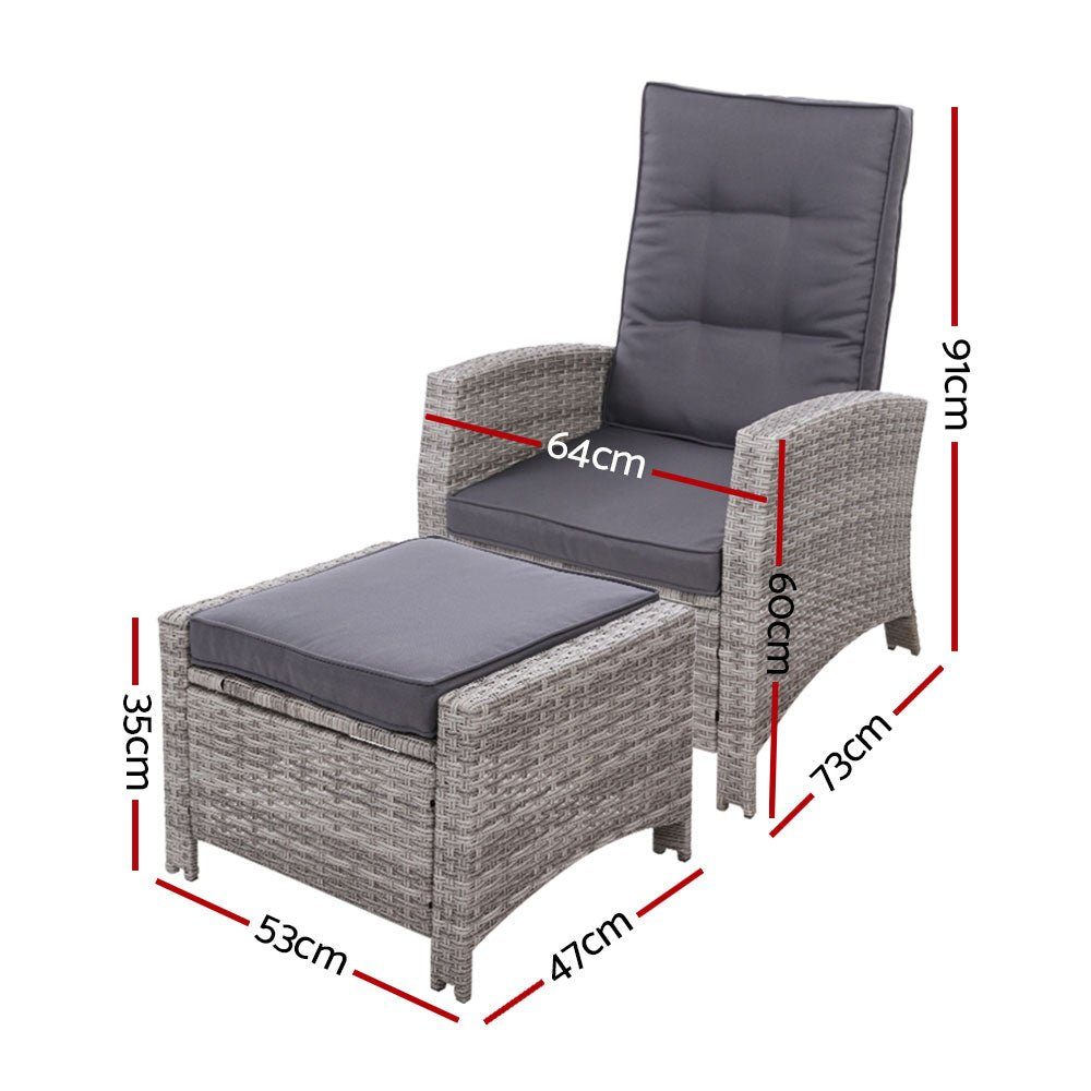 Outdoor Recliner Chair and Ottoman Set Wicker Reclining Cushions Grey