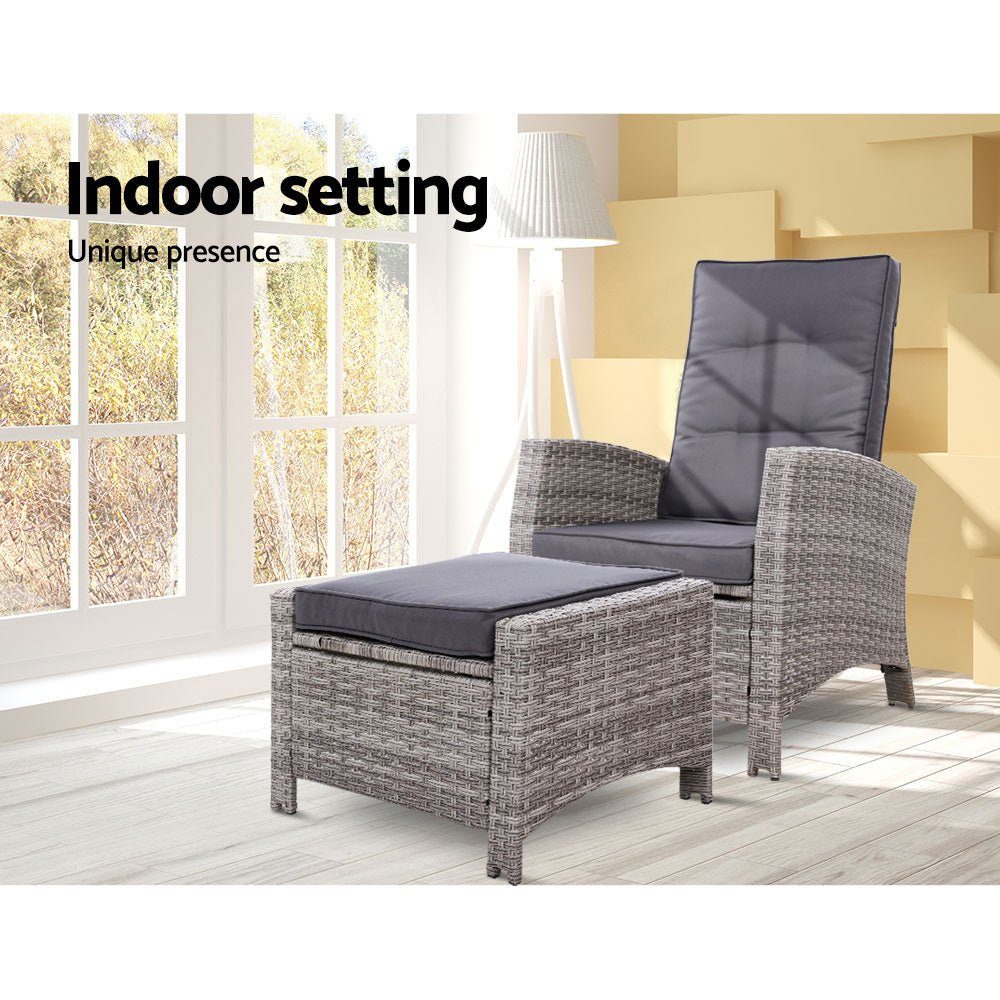 Outdoor Recliner Chair and Ottoman Set Wicker Reclining Cushions Grey