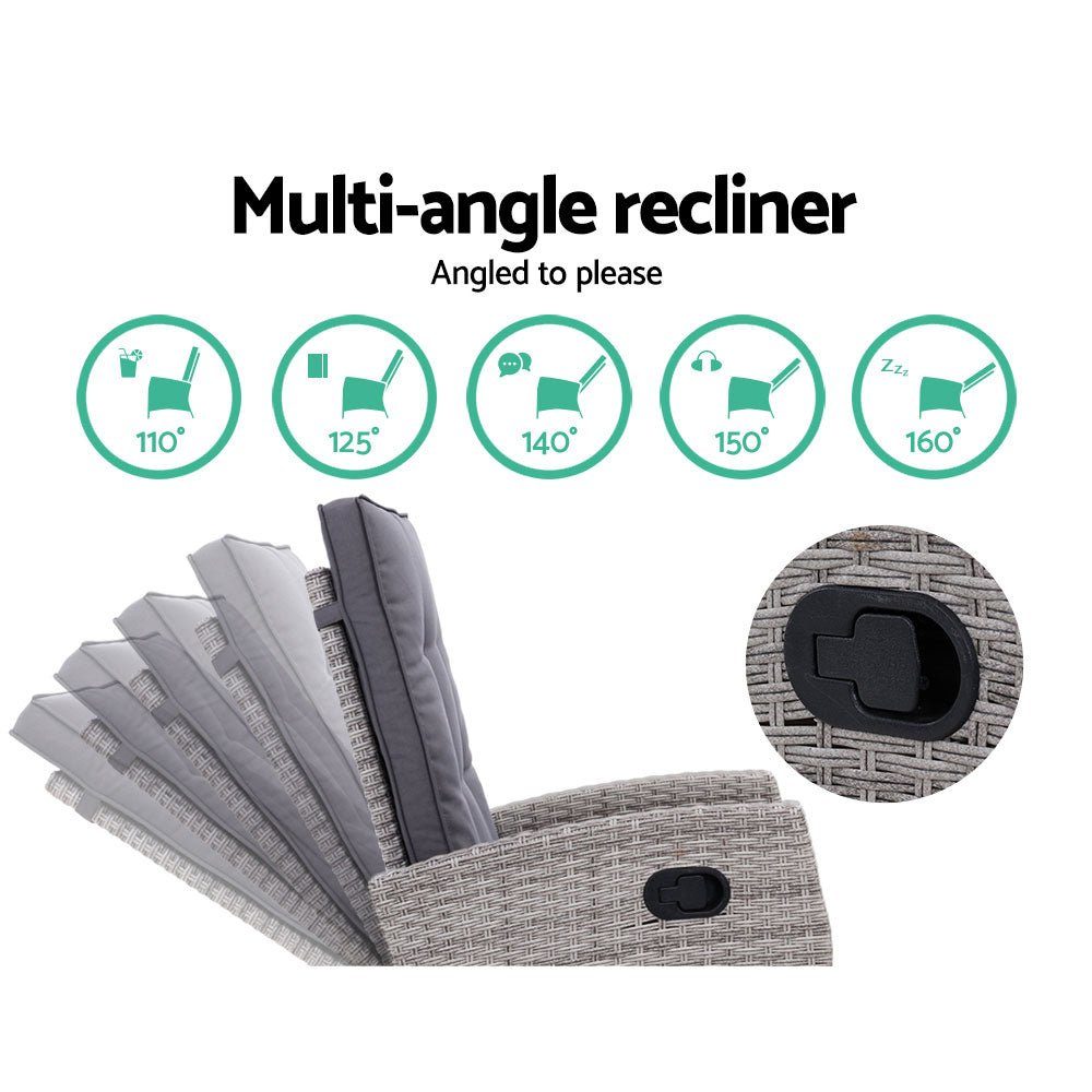 Outdoor Recliner Chair and Ottoman Set Wicker Reclining Cushions Grey