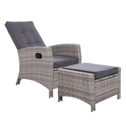 Outdoor Recliner Chair and Ottoman Set Wicker Reclining Cushions Grey