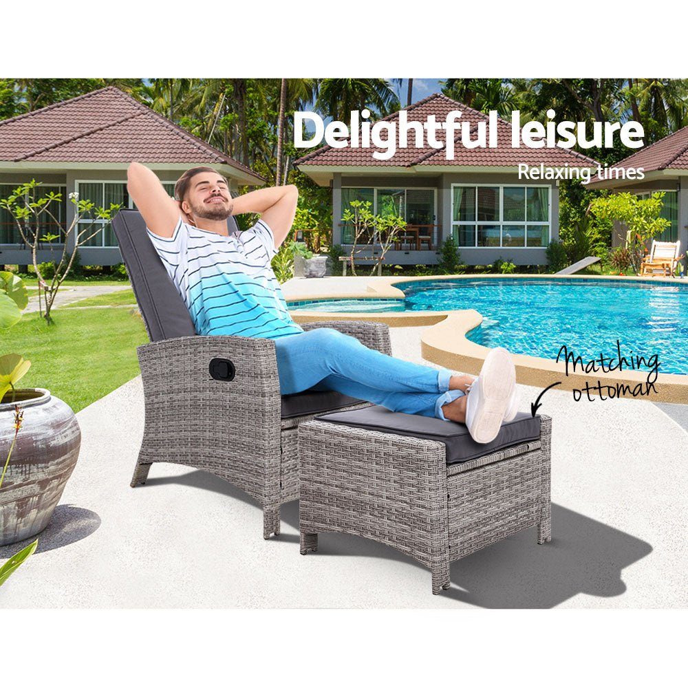 Outdoor Recliner Chair and Ottoman Set Wicker Reclining Cushions Grey