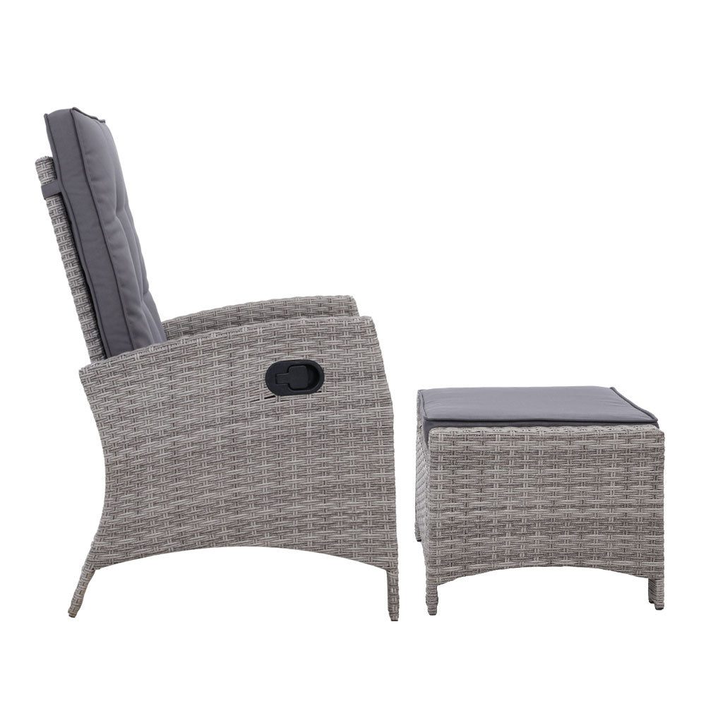 Outdoor Recliner Chair and Ottoman Set Wicker Reclining Cushions Grey