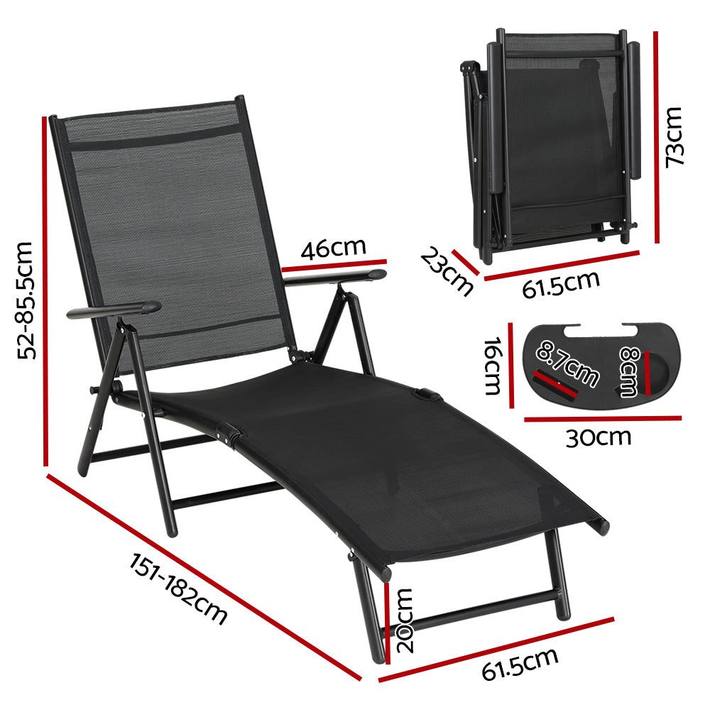 Outdoor Recliner Sun Lounge Lightweight Lounger Foldable Chair Black