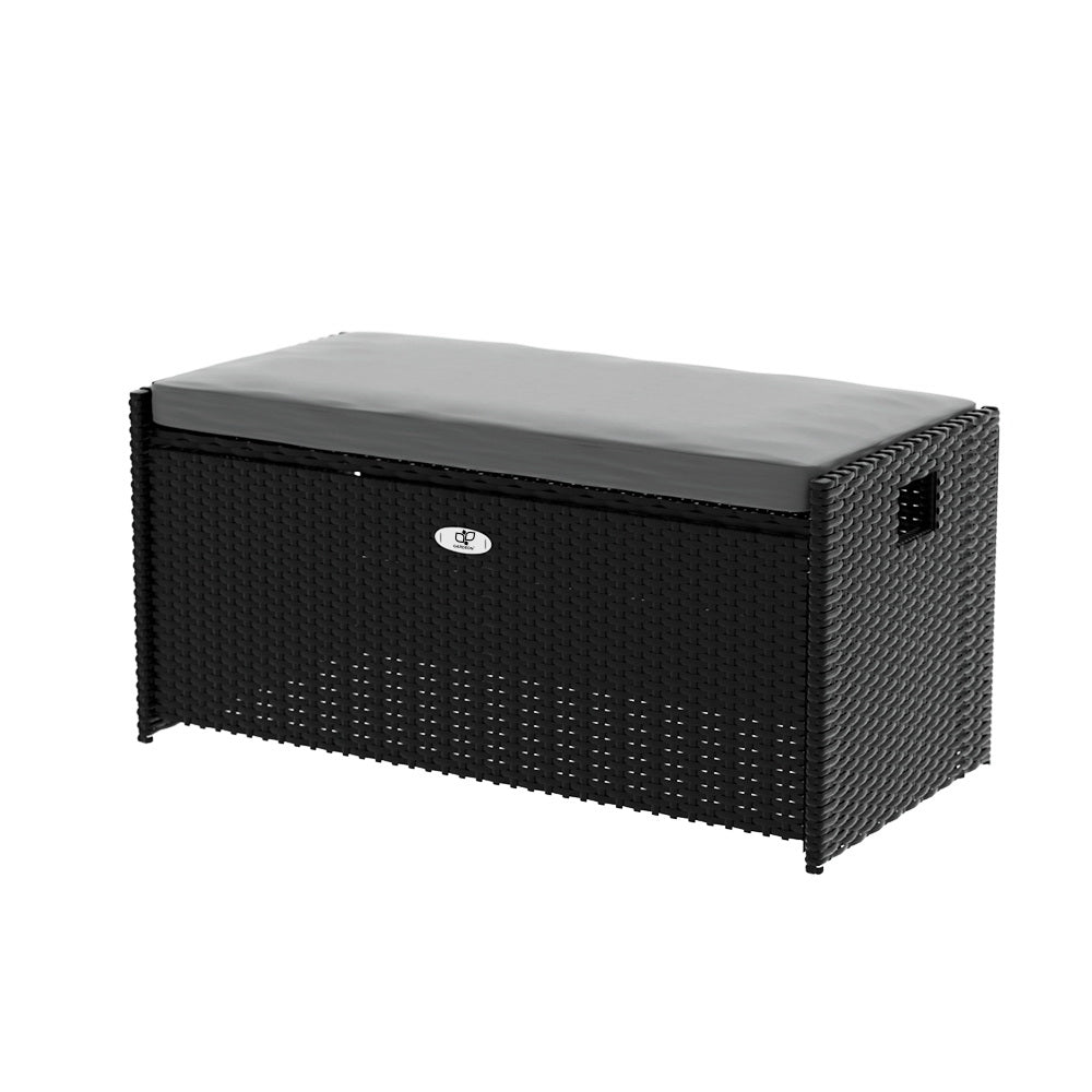 Outdoor Storage Box Bench Seat Wicker Cushion Chair - Black