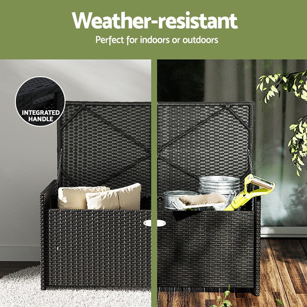 Outdoor Storage Box Bench Seat Wicker Cushion Chair - Black