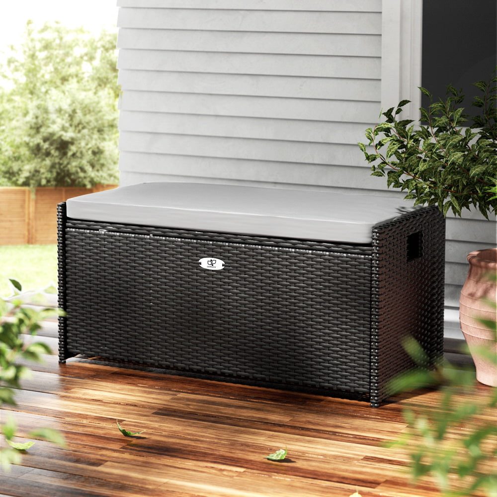 Outdoor Storage Box Bench Seat Wicker Cushion Chair - Black