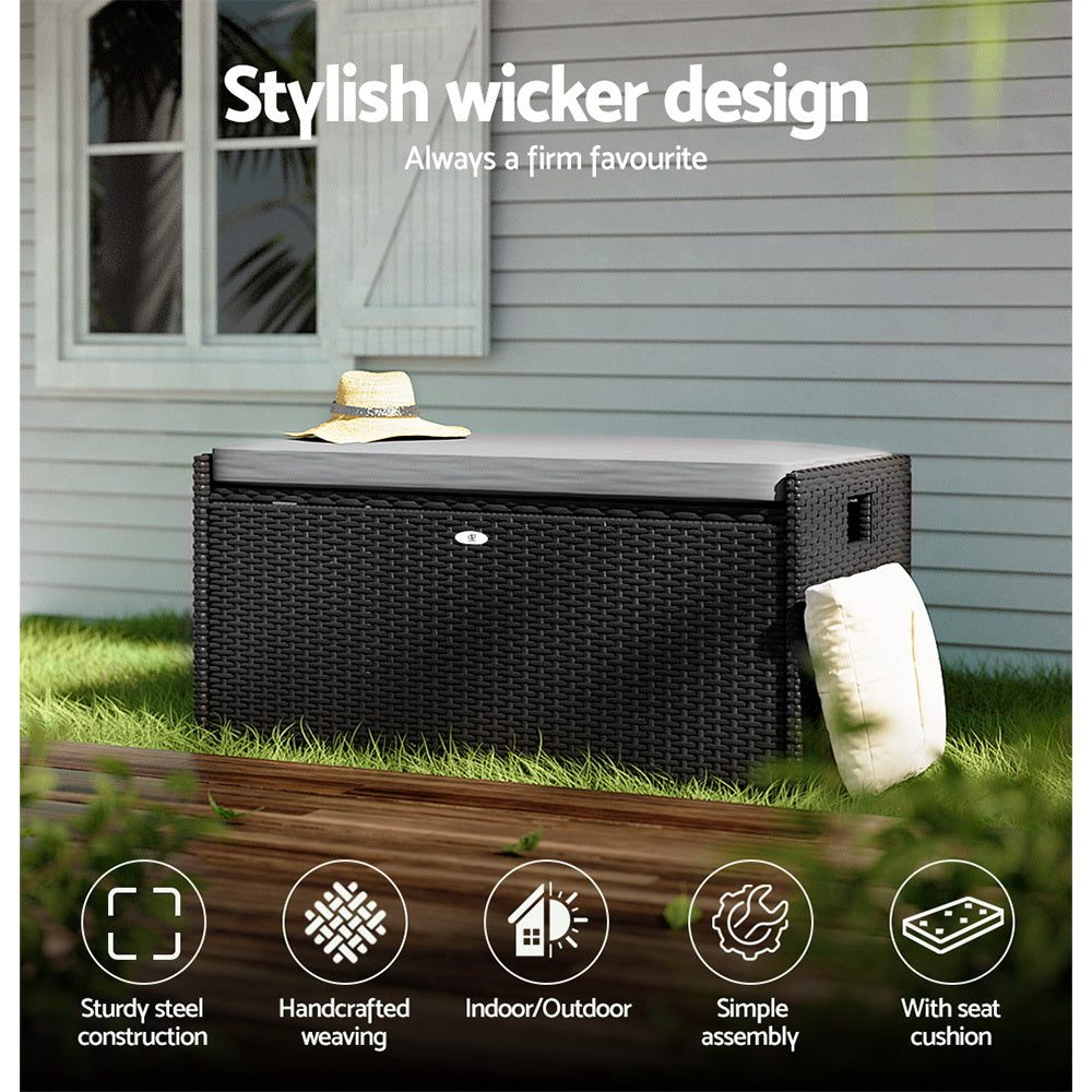Outdoor Storage Box Bench Seat Wicker Cushion Chair - Black