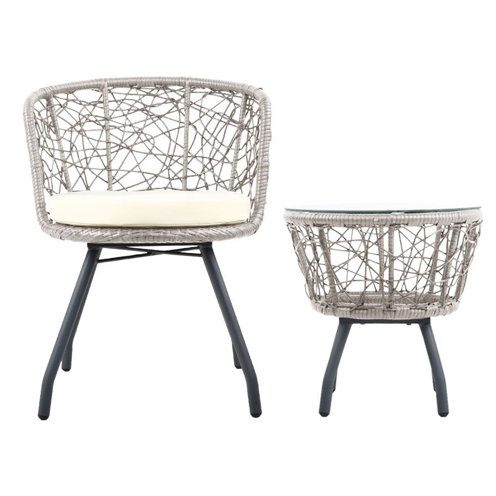 Conversation Set 3PC Rattan Web Gardeon Outdoor Table Chairs Grey