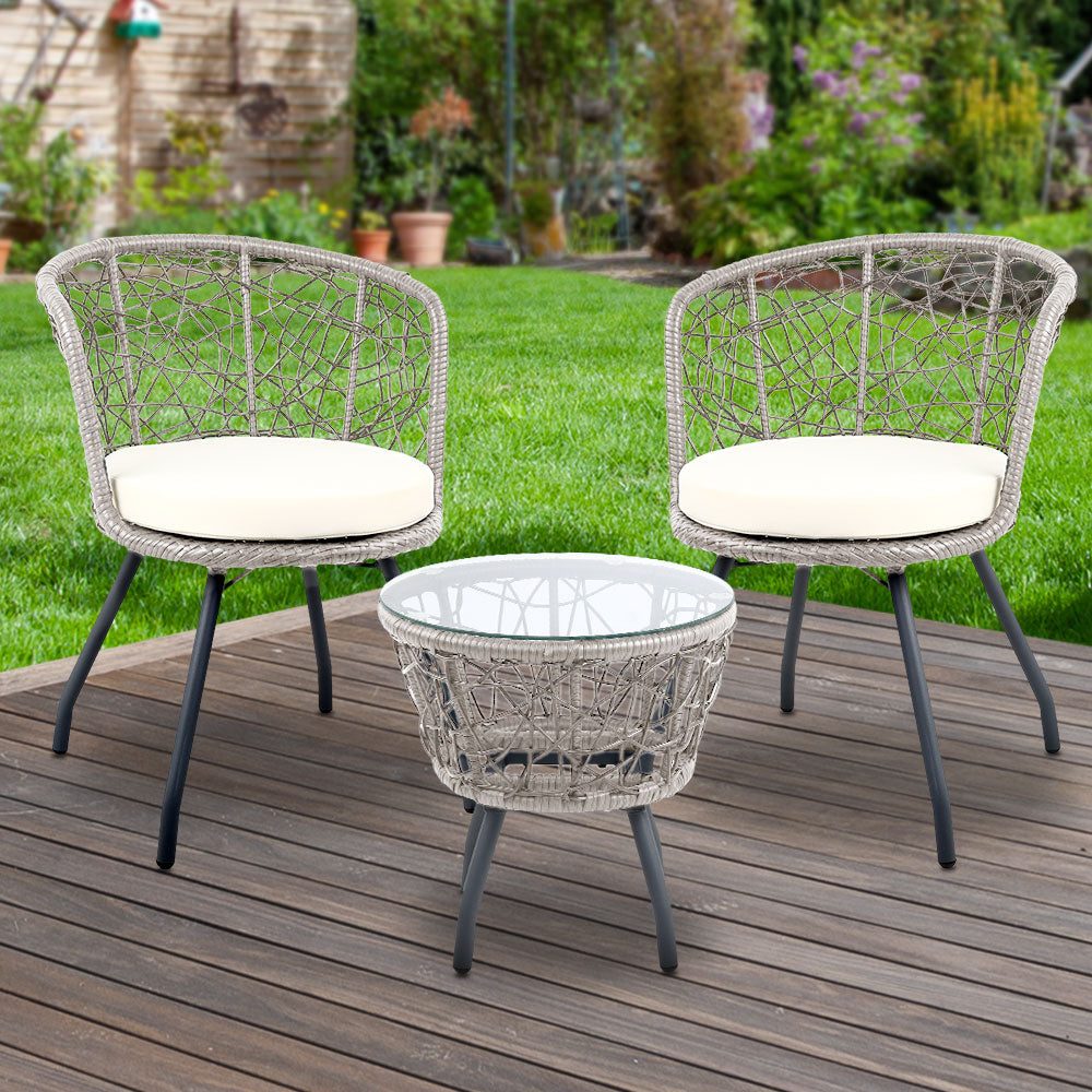 Conversation Set 3PC Rattan Web Gardeon Outdoor Table Chairs Grey