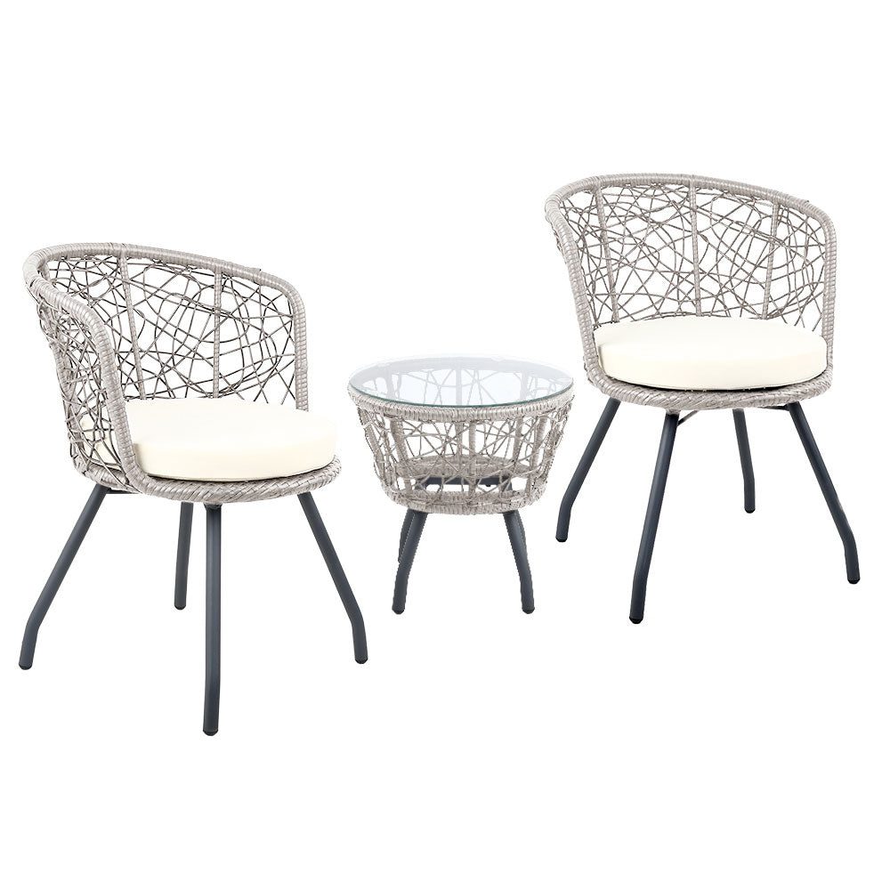 Conversation Set 3PC Rattan Web Gardeon Outdoor Table Chairs Grey