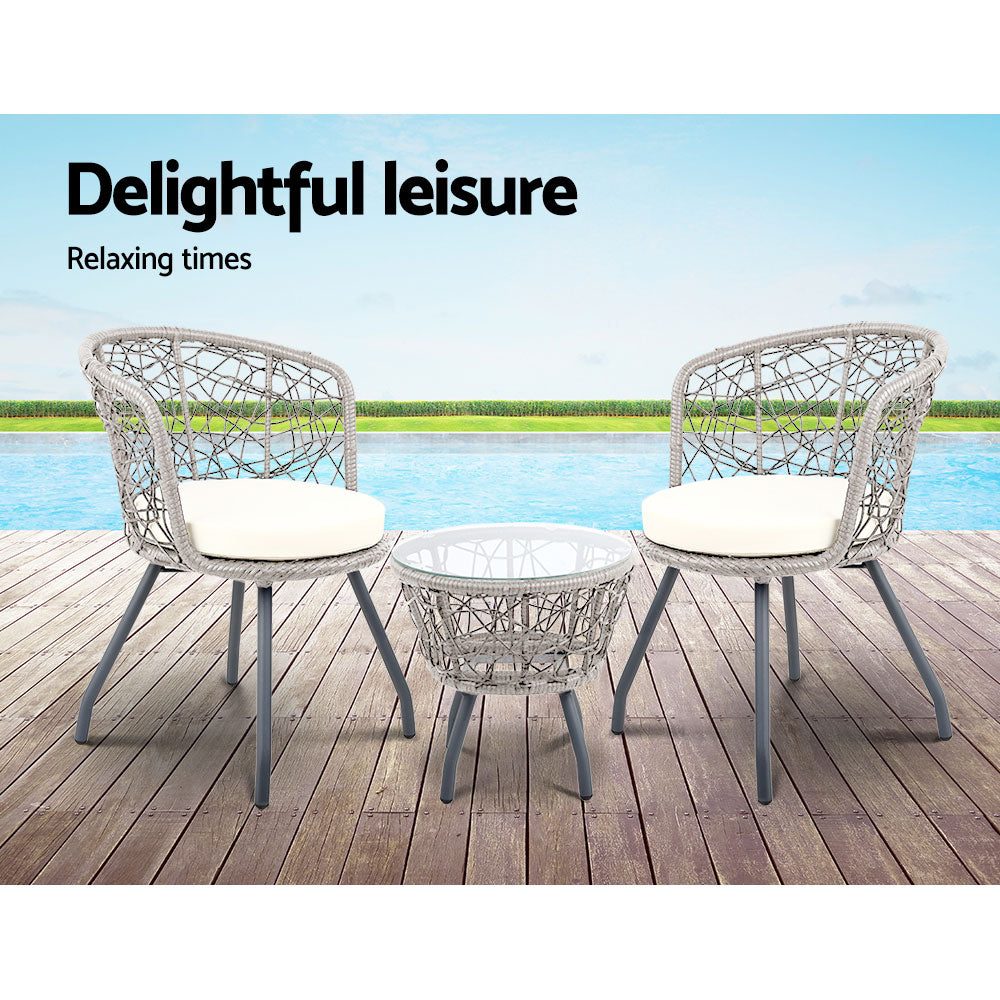 Conversation Set 3PC Rattan Web Gardeon Outdoor Table Chairs Grey