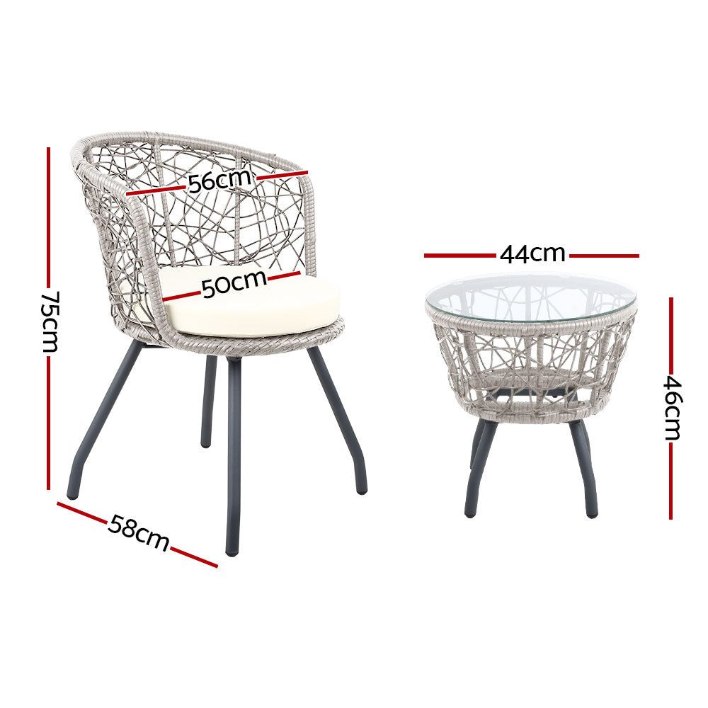 Conversation Set 3PC Rattan Web Gardeon Outdoor Table Chairs Grey
