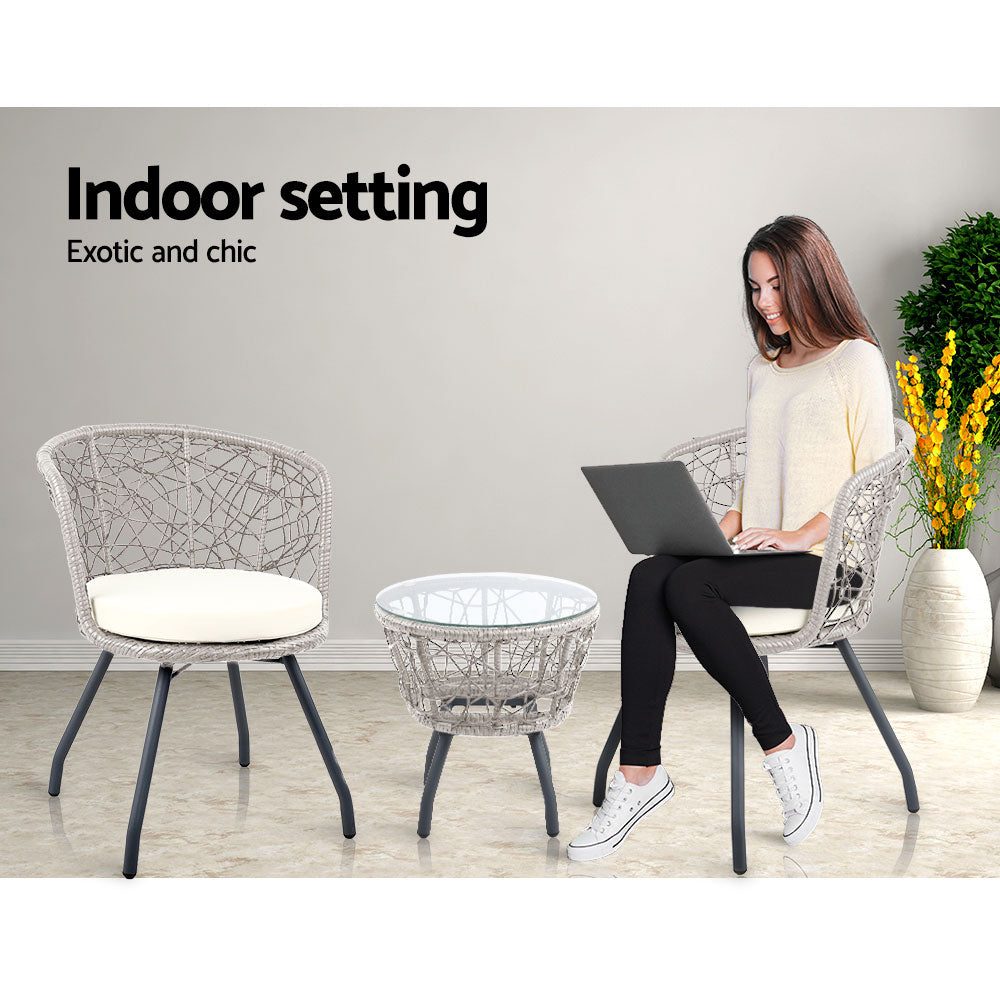 Conversation Set 3PC Rattan Web Gardeon Outdoor Table Chairs Grey
