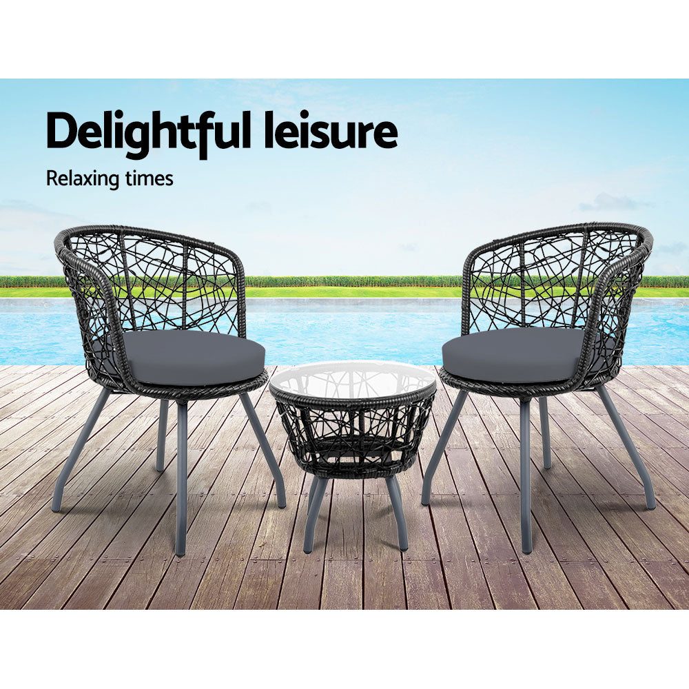 Conversation Set 3PC Rattan Web Gardeon Outdoor Table Chairs Black