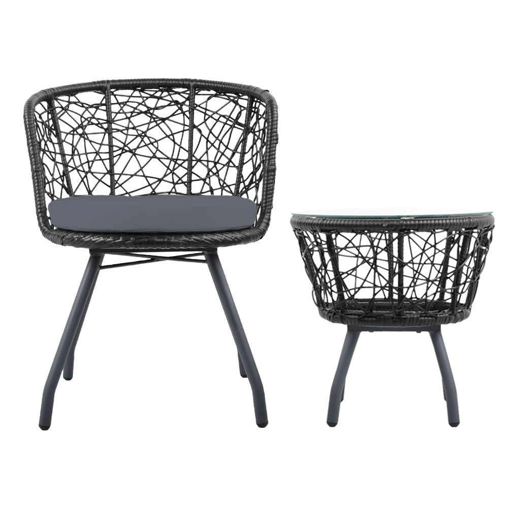 Conversation Set 3PC Rattan Web Gardeon Outdoor Table Chairs Black