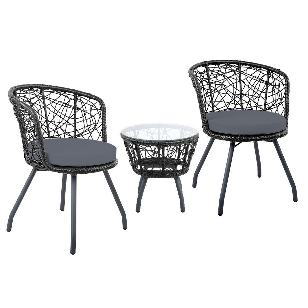 Conversation Set 3PC Rattan Web Gardeon Outdoor Table Chairs Black