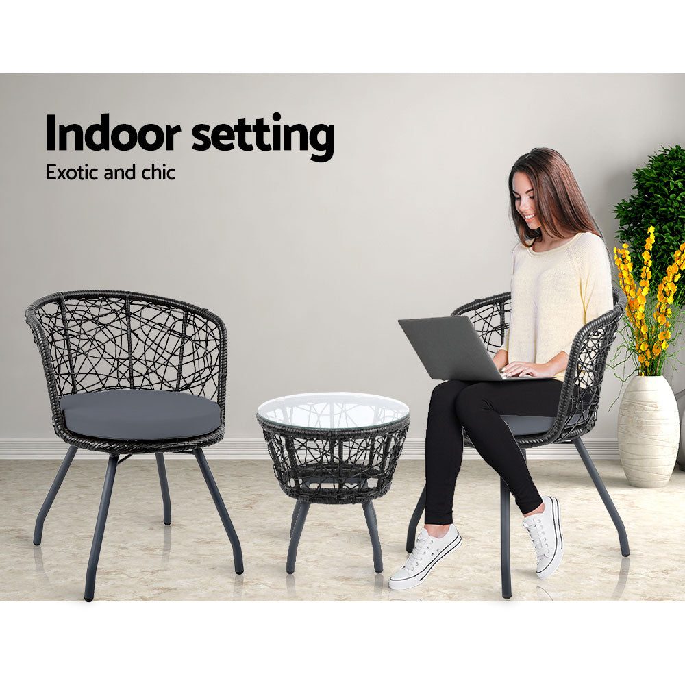 Conversation Set 3PC Rattan Web Gardeon Outdoor Table Chairs Black