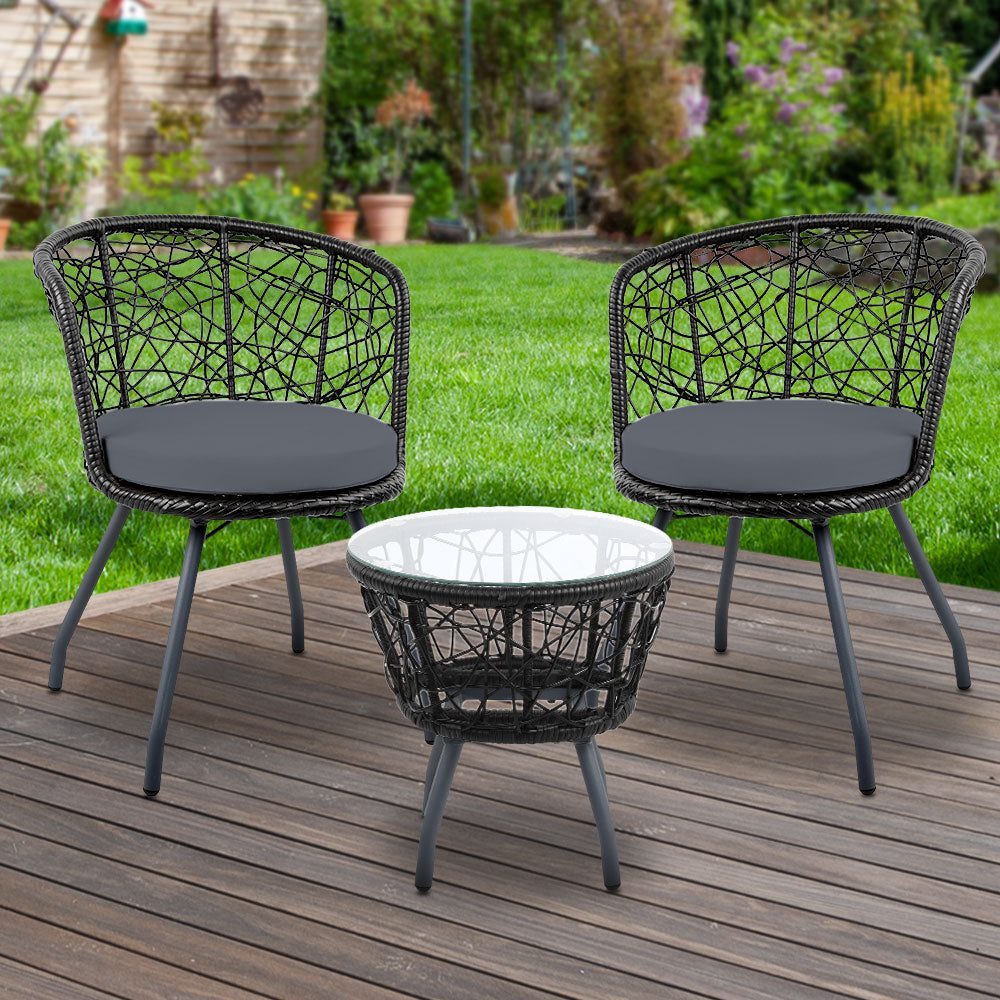 Conversation Set 3PC Rattan Web Gardeon Outdoor Table Chairs Black