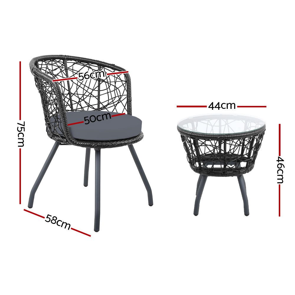 Conversation Set 3PC Rattan Web Gardeon Outdoor Table Chairs Black