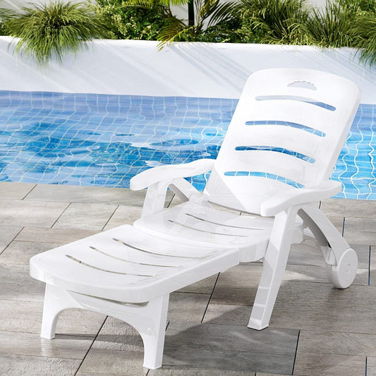 Sun Lounger Chair Folding Chaise Lounge Wheels Outdoor White