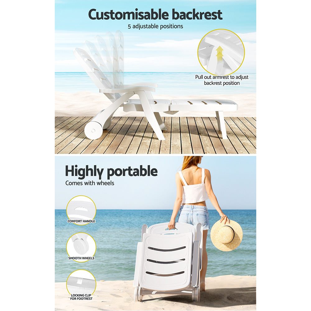 Sun Lounger Chair Folding Chaise Lounge Wheels Outdoor White
