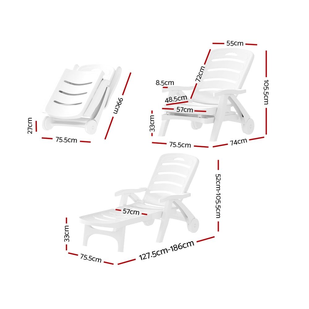 Sun Lounger Chair Folding Chaise Lounge Wheels Outdoor White