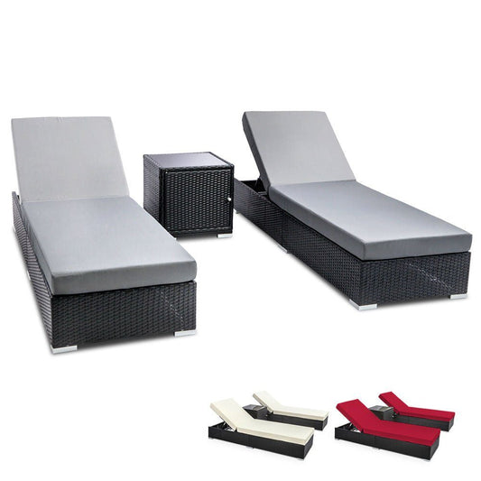 Sun Lounge Set with Grey Beige & Red Covers - 2 Beds plus Table