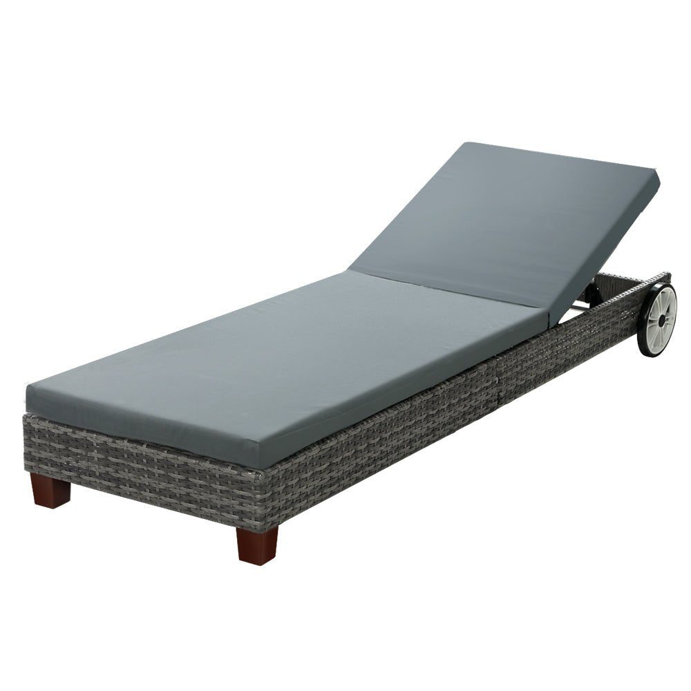Sun Lounge Wicker Lounger Day Bed Wheel Patio Outdoor Furniture Grey