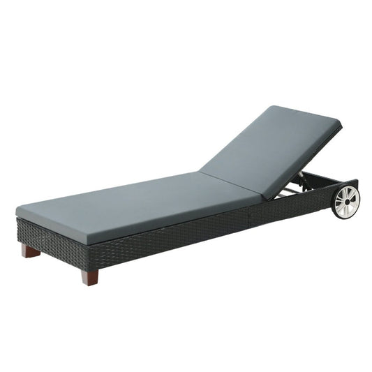 Sun Lounge Wicker Lounger Day Bed Wheel Patio Outdoor Furniture Black