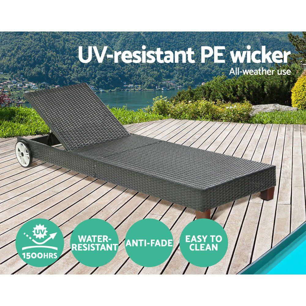 Sun Lounge Wicker Lounger Day Bed Wheel Patio Outdoor Furniture Black