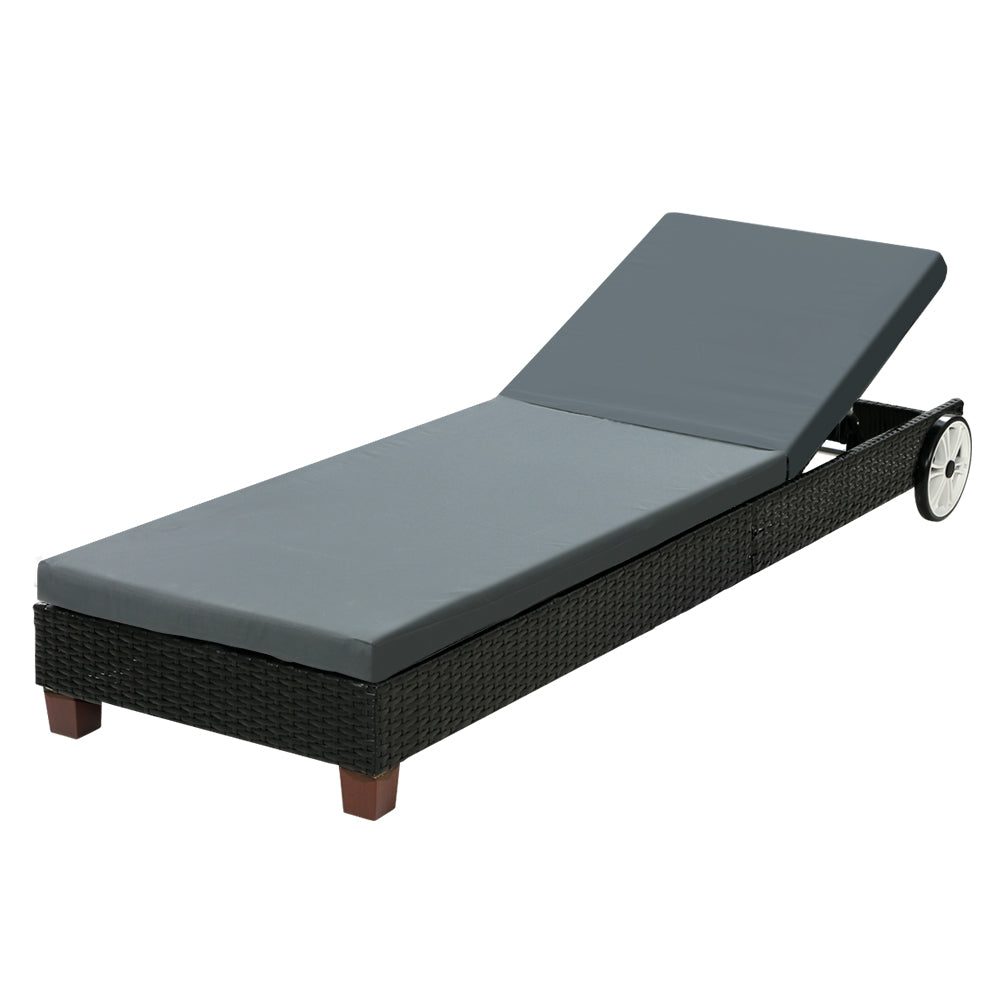 Sun Lounge Wicker Lounger Day Bed Wheel Patio Outdoor Furniture Black