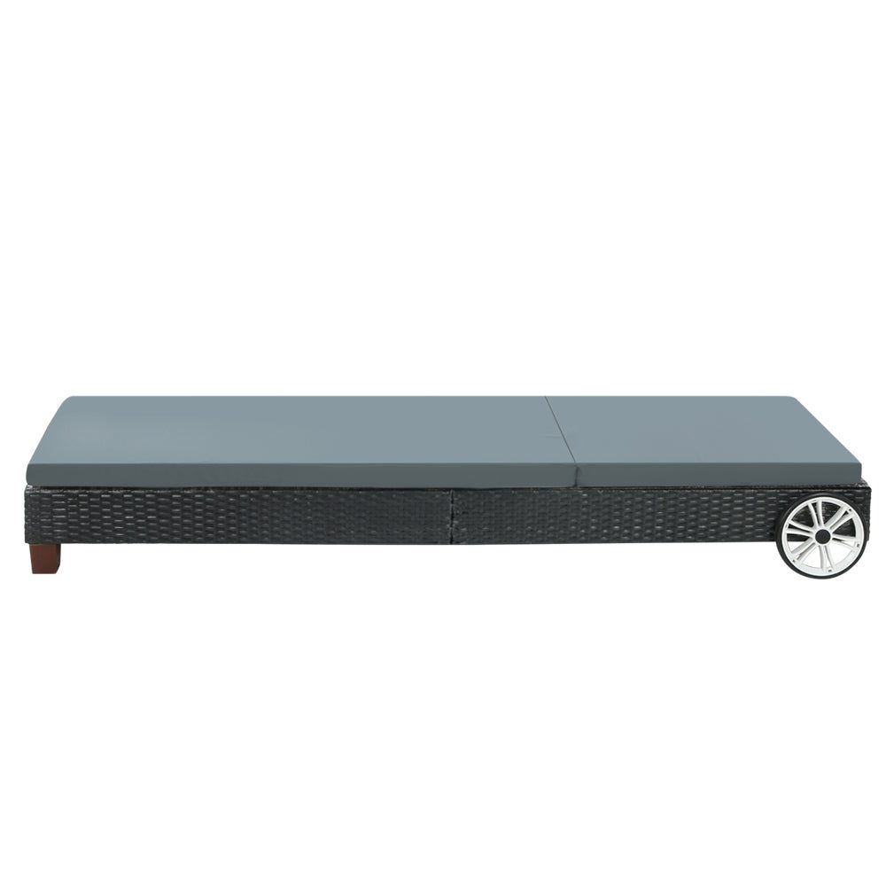 Sun Lounge Wicker Lounger Day Bed Wheel Patio Outdoor Furniture Black