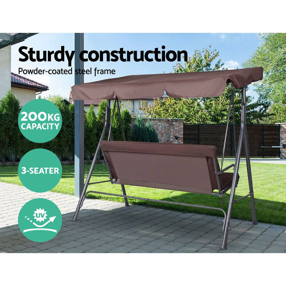 Gardeon Outdoor Swing Seat Swing Chair Canopy 3 Seat Brown