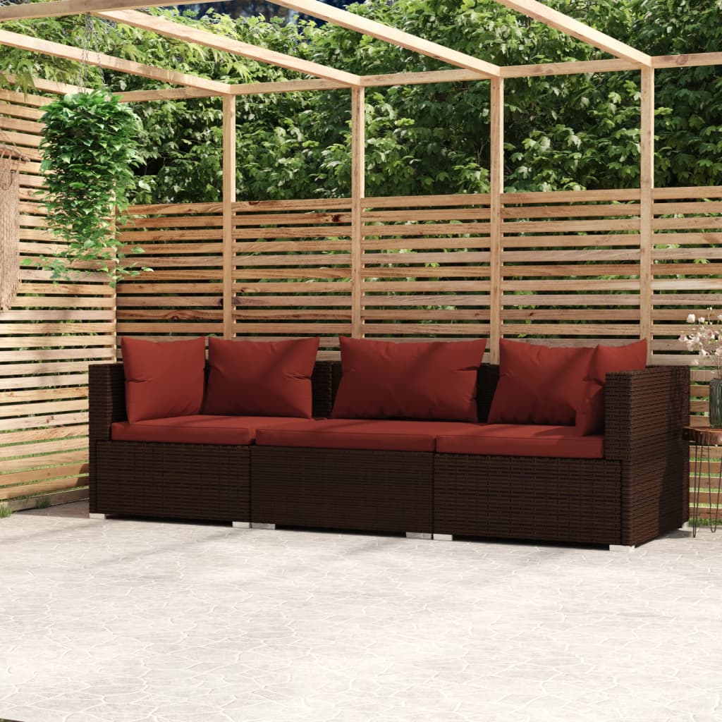 Outdoor Lounge | 3 Seater Sofa With Red Cushions | Brown & Red