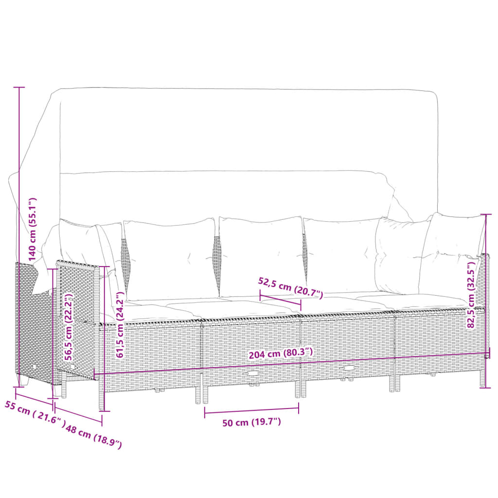 Outdoor Daybed | Sofa with Canopy | Sofa, 2 Chairs & 2 Stools | Grey