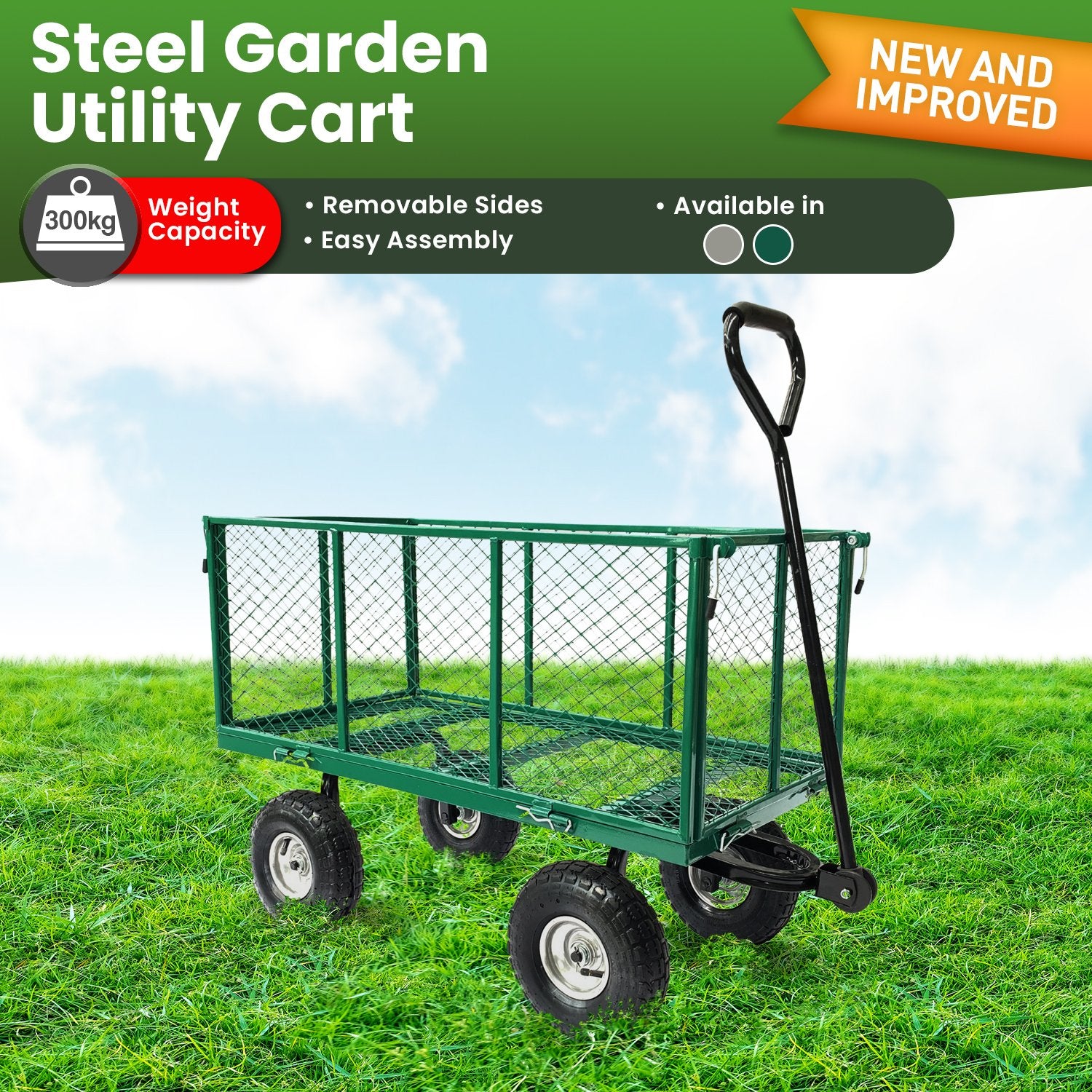 Garden Cart Beach Trolley 300kg Wallaroo Steel Mesh Deep Sides - Green