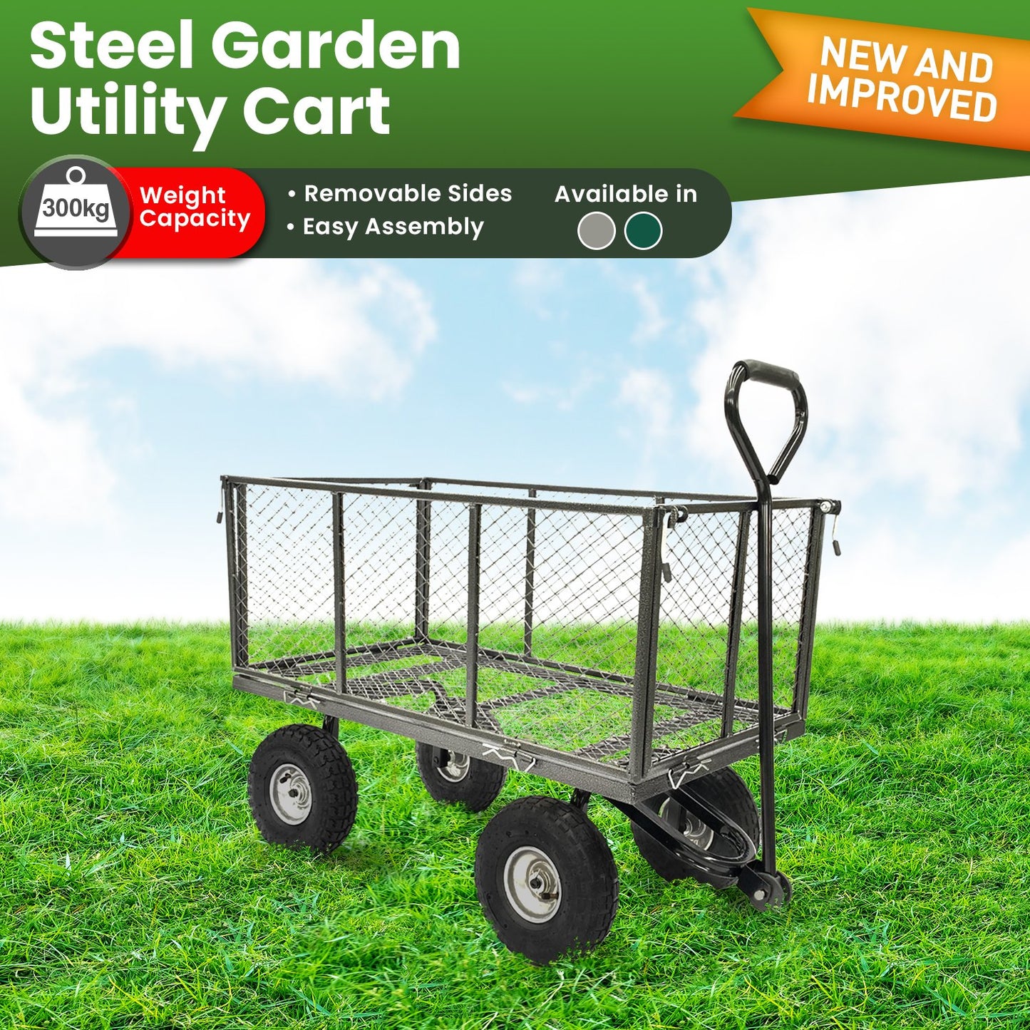 Garden Cart Beach Trolley 300kg Wallaroo Steel Mesh Deep Sides - Grey