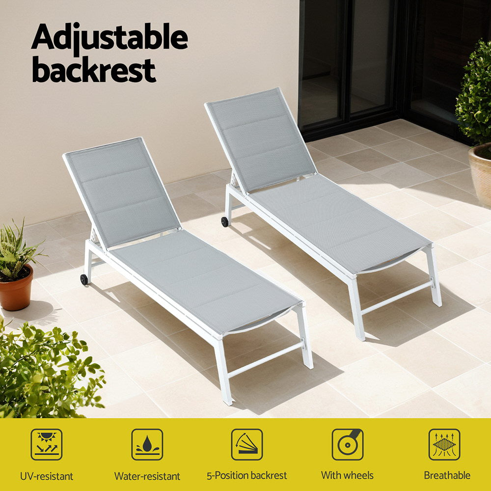 Sun Lounger Aluminium Chaise Lounge Adjustable Outdoor Setting White