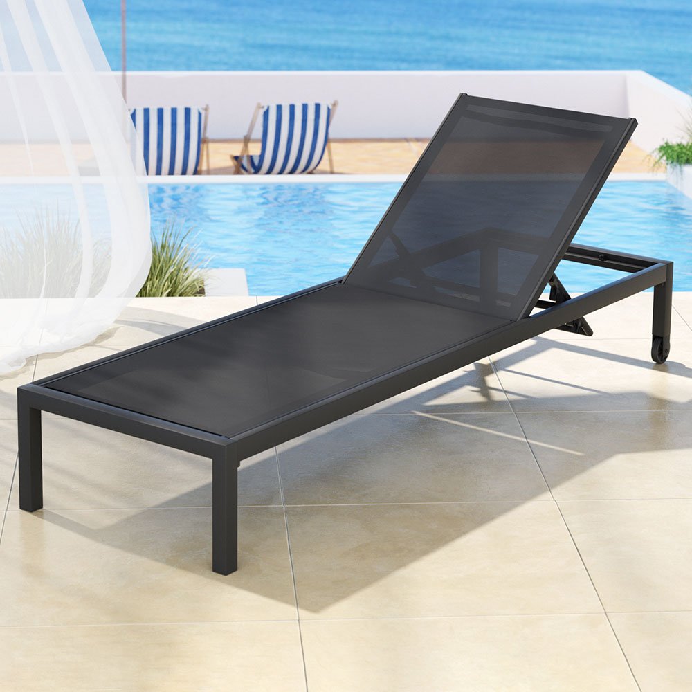 Sun Lounge with Wheels Folding Lounger Aluminium Black