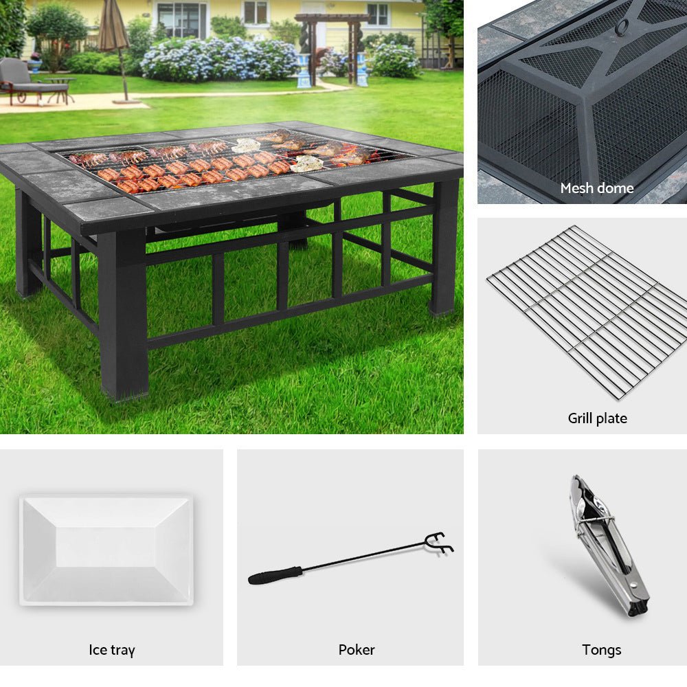 Fire Pit | Rectangular 3-In-1 with BBQ Grill and Ice Bucket | Grillz Brand | 94 x 71cm