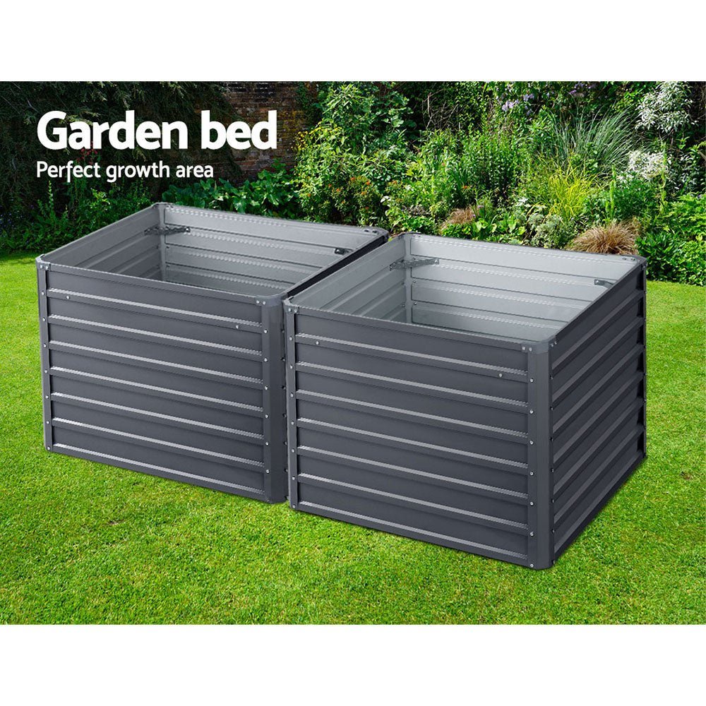 Garden Bed | 2x Square Raised Container Planter Box | 100x100x77cm | Galvanised Steel | Greenfingers | Grey