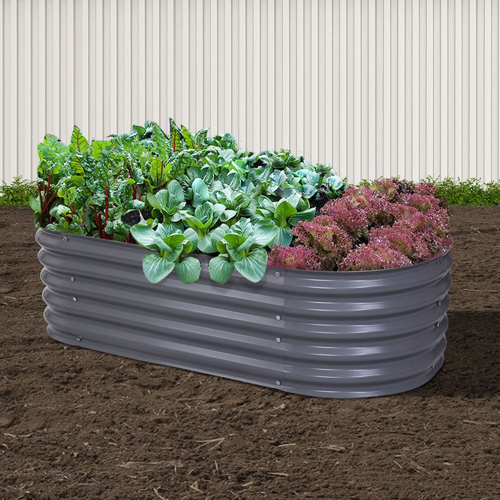 Garden Bed | Oval Raised Container Planter Box | 160x80x42cm | Galvanised Steel | Greenfingers | Grey