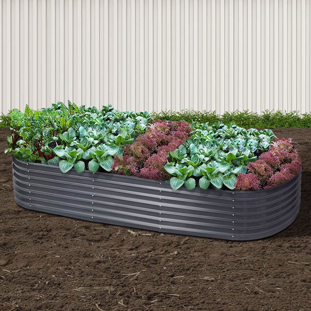 Garden Bed | Oval Raised Container Planter Box | 240x80x42cm | Galvanised Steel | Greenfingers | Grey