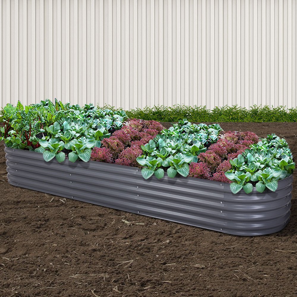 Garden Bed | Oval Raised Container Planter Box | 320x80x42cm | Galvanised Steel | Greenfingers | Grey
