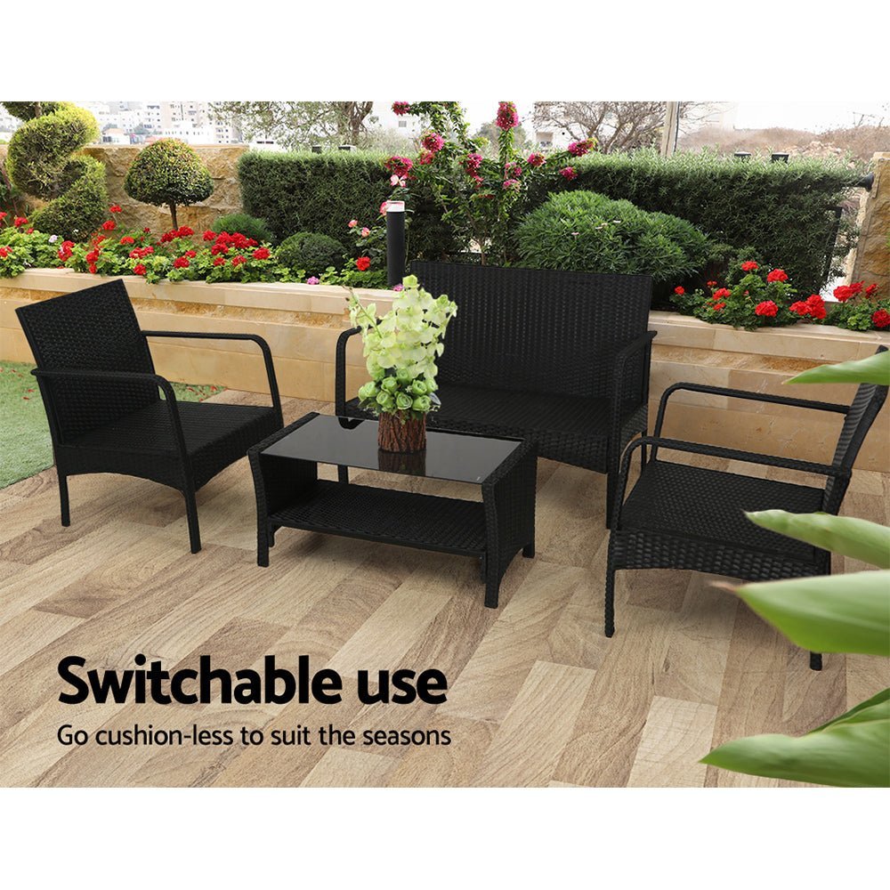 Outdoor Lounge Setting | 4 Piece Sofa Set | Table with Shelf | Gardeon Brand | Black