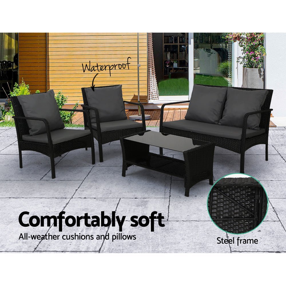 Outdoor Lounge Setting | 4 Piece Sofa Set | Table with Shelf | Gardeon Brand | Black