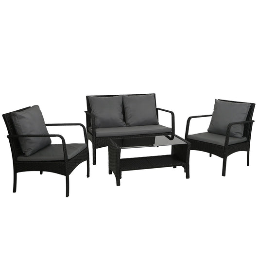 Outdoor Lounge Setting | 4 Piece Sofa Set | Table with Shelf | Gardeon Brand | Black