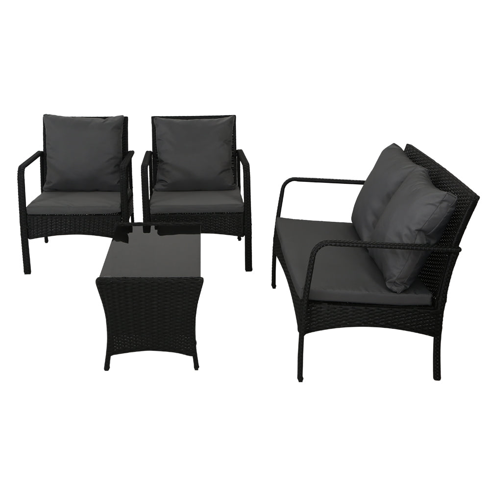 Outdoor Lounge Setting | 4 Piece Sofa Set | Table with Shelf | Gardeon Brand | Black